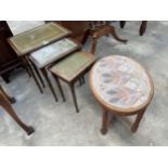A NEST OF THREE MODERN TABLES AND OVAL OAK DRESSING STOOL