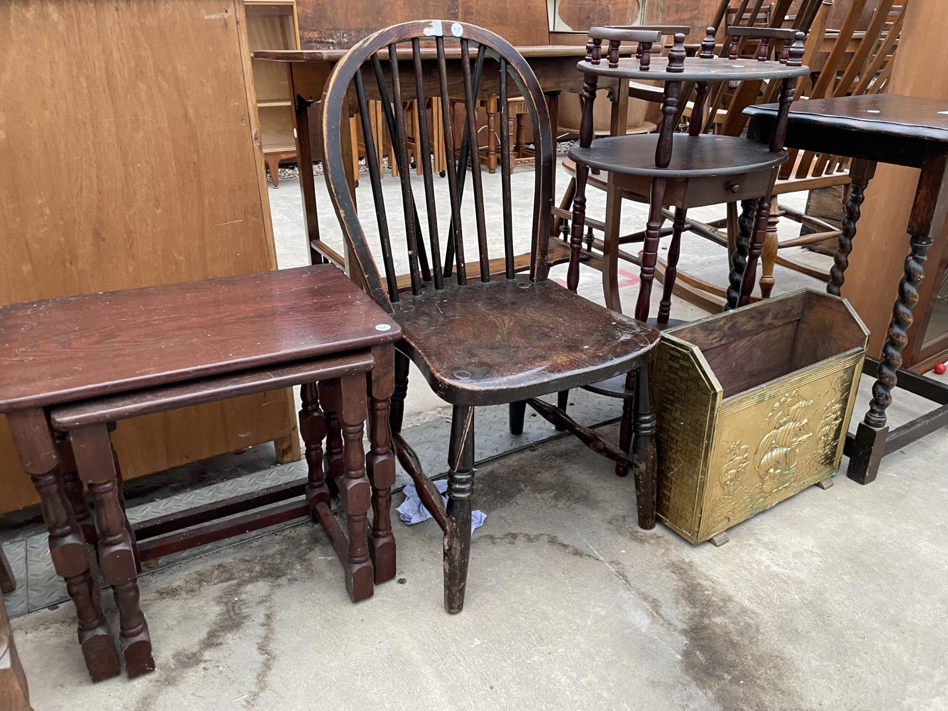 AN OAK BARLEYTWIST OCCASIONAL TABLE, TELEPHONE TABLE, BRASS MAGAZINE RACK, NEST OF TWO TABLES AND - Image 3 of 3