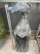 A LARGE FIBRE GLASS GREYHOUND GARDEN FEATURE (H:105CM)