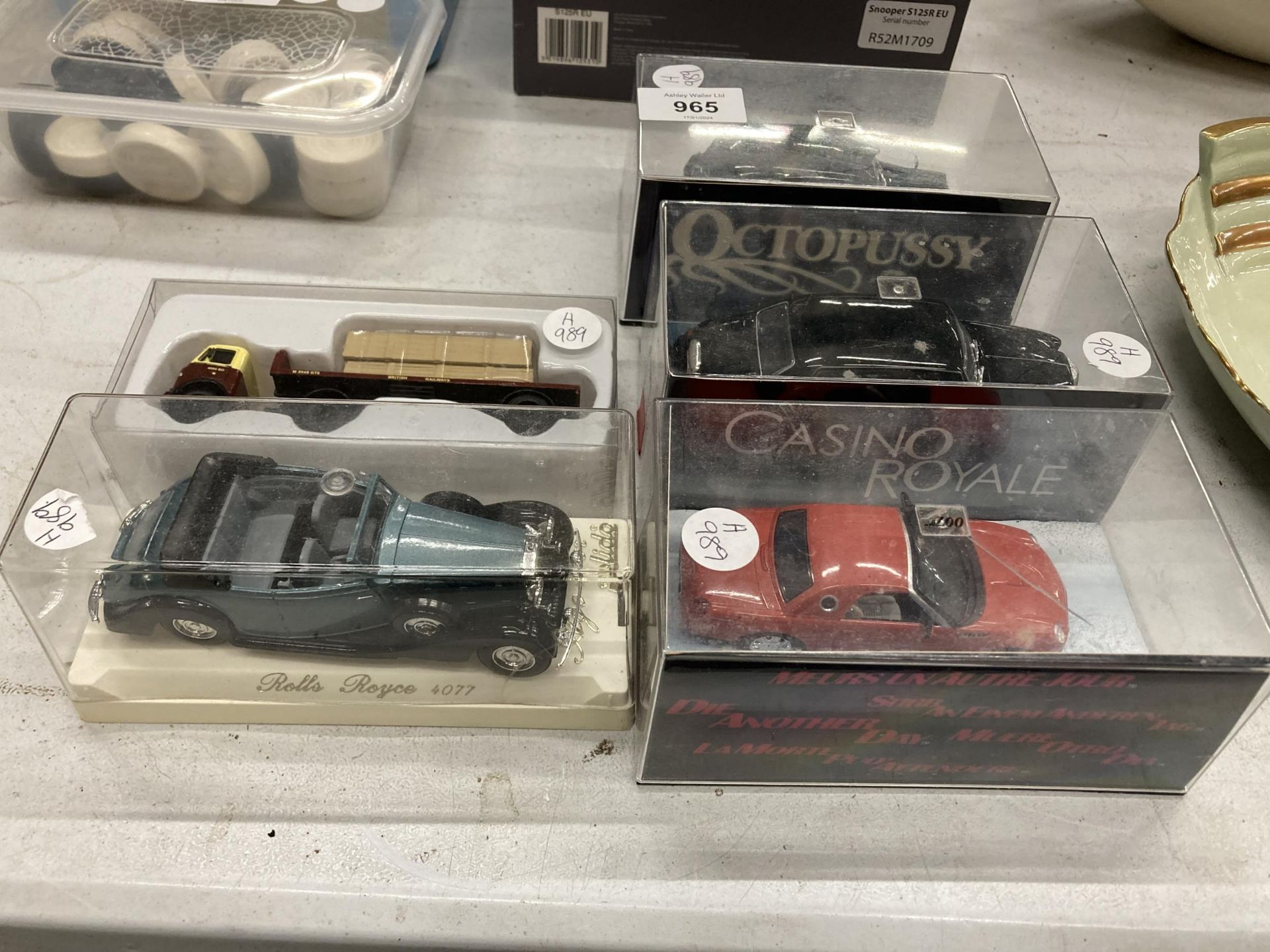 FIVE BOXED CARS TO INCLUDE CASINO ROYALE, OCTOPUSSY, ROLLS ROYCE ETC