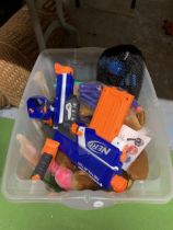 A QUANTITY OF TOYS TO INCLUDE NERF GUNS, TEDDIES, PONIES, ETC.,