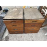 A PAIR OF VINTAGE WOODEN WORKSHOP STORAGE DRAWERS