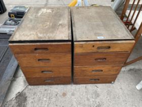 A PAIR OF VINTAGE WOODEN WORKSHOP STORAGE DRAWERS