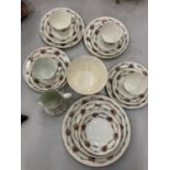 AN ANTIQUE CHINA PART TEASET TO INCLUDE A CAKE PLATE, SUGAR BOWL, CREAM JUG, CUPS, SAUCERS AND