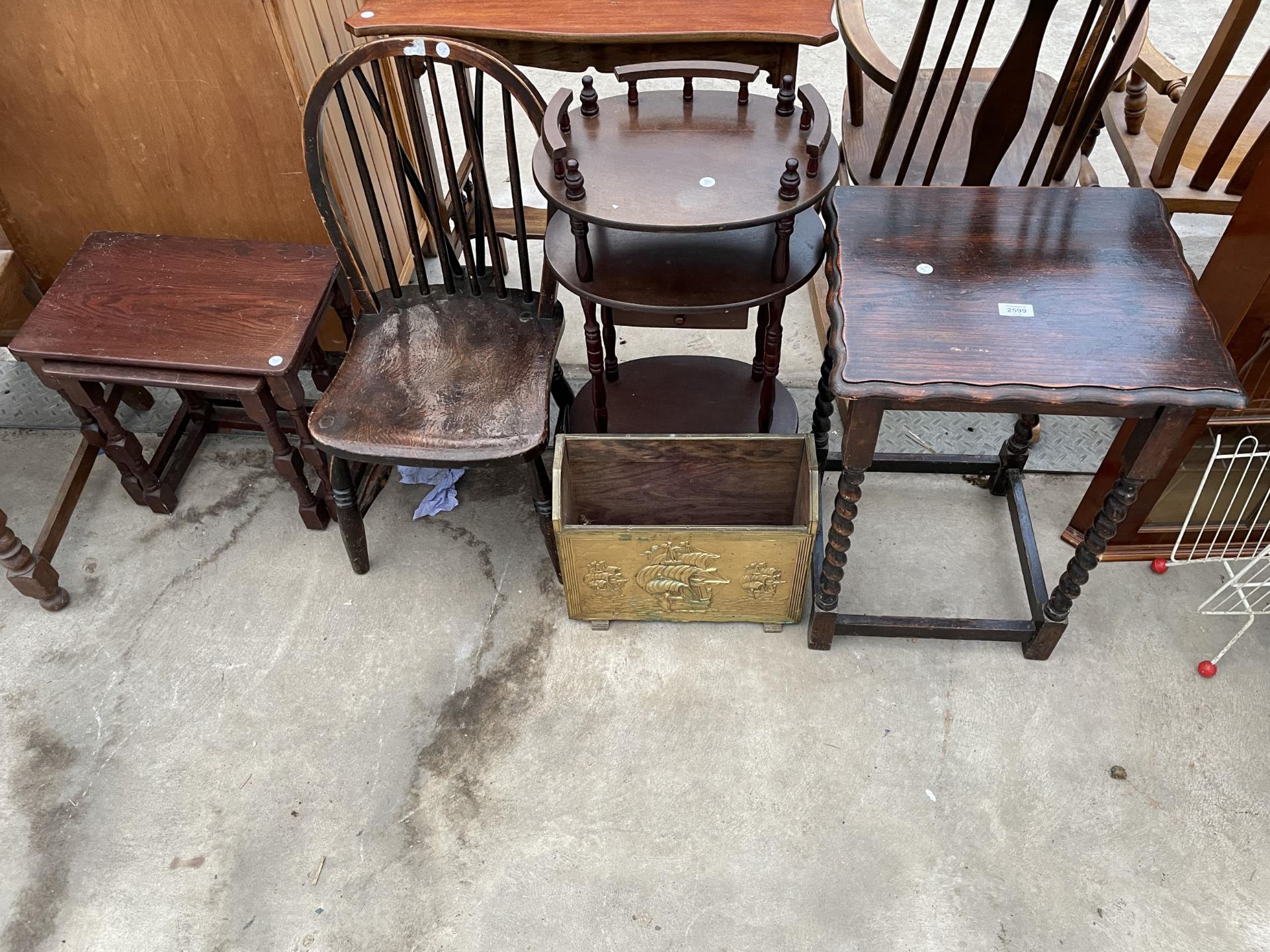 AN OAK BARLEYTWIST OCCASIONAL TABLE, TELEPHONE TABLE, BRASS MAGAZINE RACK, NEST OF TWO TABLES AND