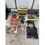 A LARGE ASSORTMENT OF TOOLS TO INCLUDE TWO BATTERY CHARGERS, A BOSCH DETAIL SANDER AND A BLACK AND