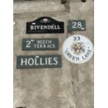 FIVE VARIOUS NUMBER AND NAMED HOUSE PLAQUES