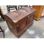 AN ANGLO INDIAN HARDWOOD AND BRASS INLAY CHEST WITH TWO DRAWERS TO THE BASE, 24" WIDE