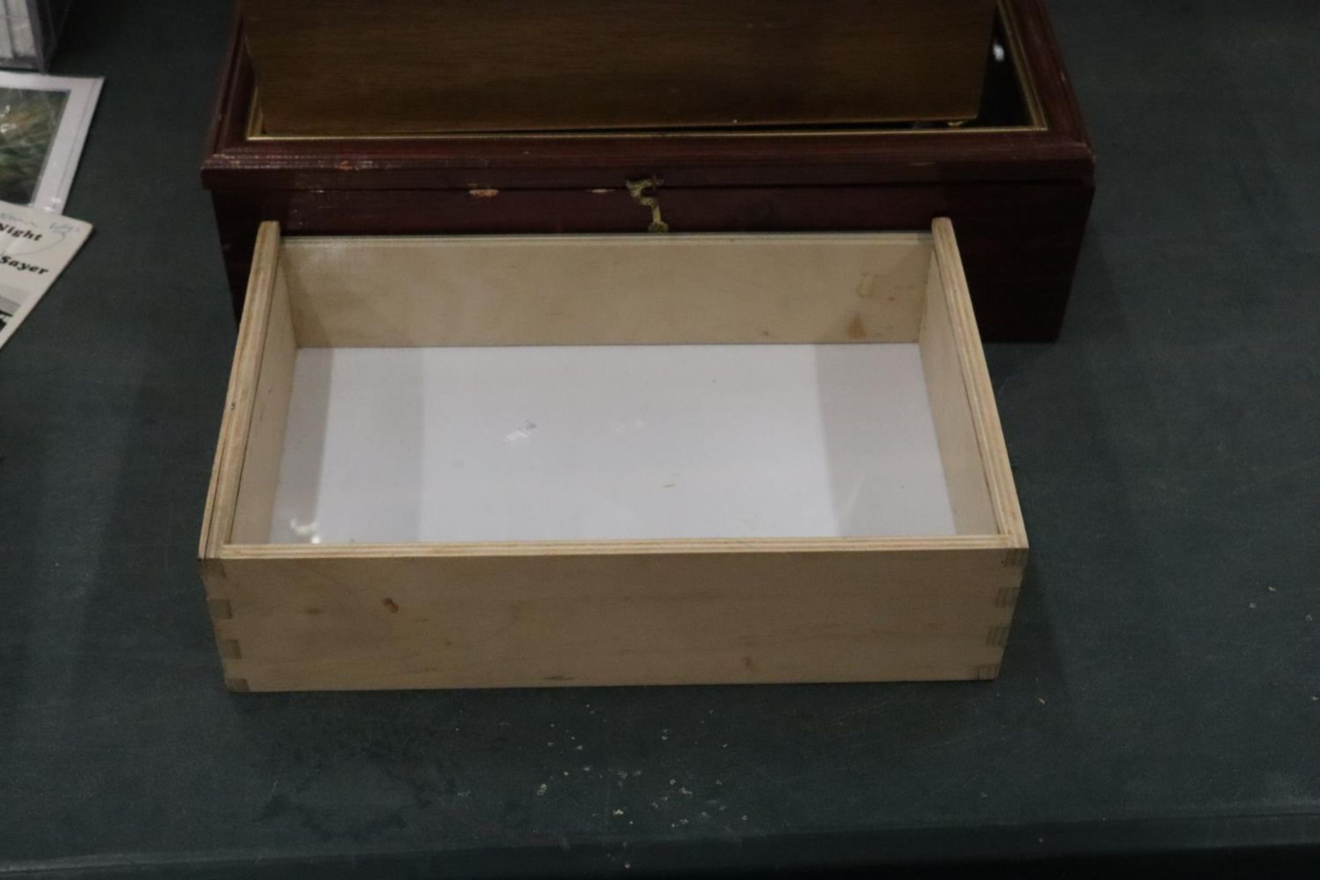 THREE VINTAGE GLASS TOPPED DISPLAY BOXES PLUS ONE OTHER - Image 2 of 5