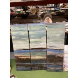 A BEACH SCENE CANVAS AND A FURTHER THREE PART CANVAS DEPICTING THE SEA