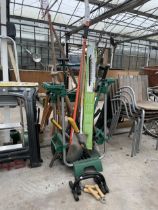 AN ASSORTMENT OF GARDEN HAND TOOLS AND STORAGE UNIT
