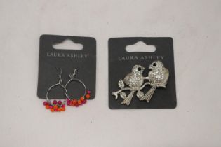 TWO ITEMS OF LAURA ASHLEY JEWELLERY TO INCLUDE A PAIR OF EARRINGS AND A BIRD BROOCH