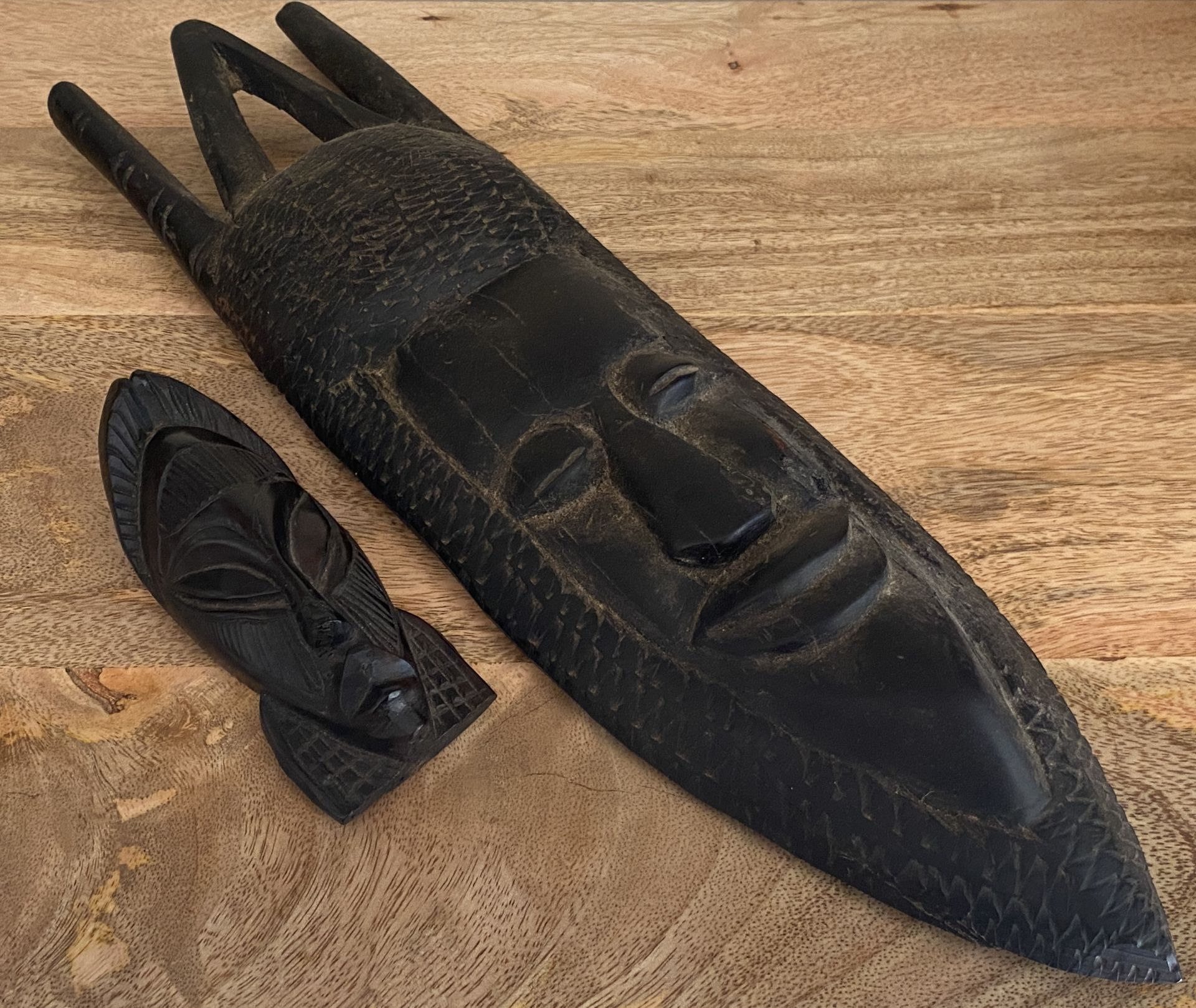 TWO VINTAGE 20TH CENTURY HEAVY AFRICAN TRIBAL WOODEN MASKS, SMALLER ONE WITH EXPORT LABEL TO - Image 2 of 6