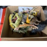 A QUANTITY OF PLASTIC ANIMALS TO INCLUDE A RAT, DINOSAURS, TIGERS, SNAKE, ETC.,