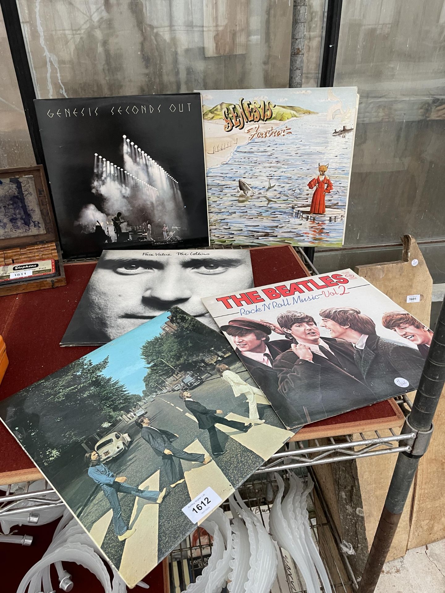 FIVE VARIOUS VINYL RECORDS TO INCLUDE GENESIS AND THE BEATLES ETC