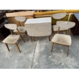 A RETRO FORMICA TOP DROP-LEAF KITCHEN TABLE AND FOUR MATCHING CHAIRS