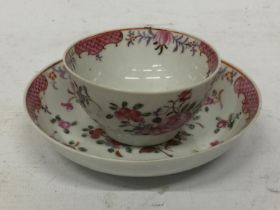 A LATE 18TH/EARLY 19TH CENTURY CHINESE EXPORT FAMILLE ROSE TEA BOWL AND SAUCER - FAINT HAIRLINE