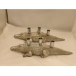 A PAIR OF HEAVY SILVER COLOURED CROCODILE CANDLE HOLDERS, LENGTH 44CM