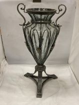 AN ART DECO STYLE VINTAGE GLASS VASE WITH PEWTER CAGE HEIGHT 54 CM