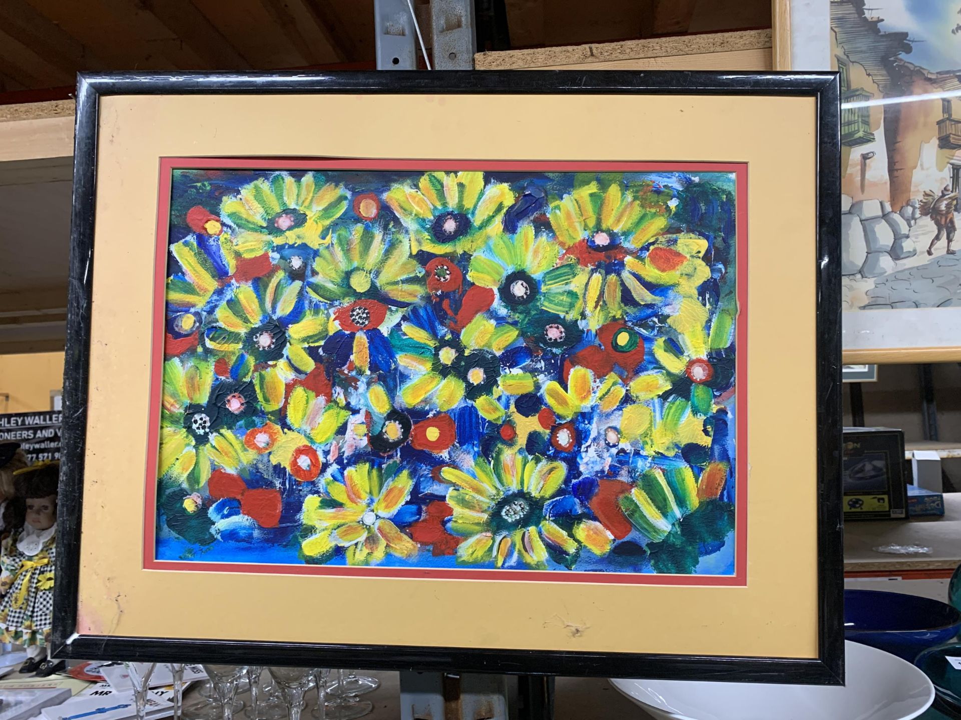 AN ORIGINAL FRAMED OIL ON CANVAS DEPICTING FLOWERS