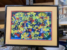 AN ORIGINAL FRAMED OIL ON CANVAS DEPICTING FLOWERS