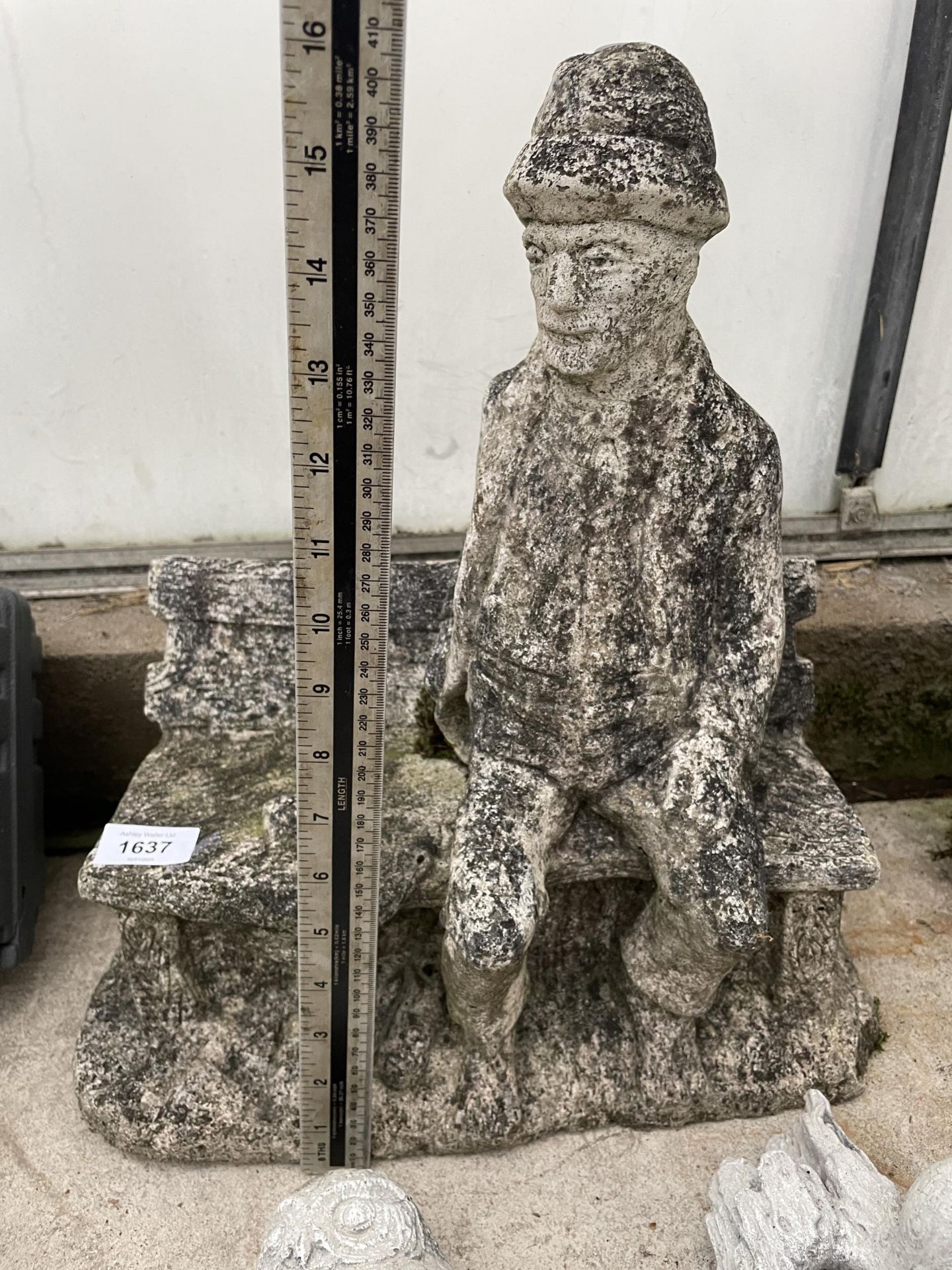 THREE CONCRETE GARDEN FIGURES TO INCLUDE A MAN SEATED ON A BENCH ETC - Image 2 of 3