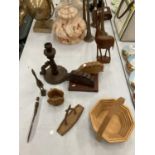 A QUANTITY OF TREEN ITEMS TO INCLUDE ANIMALS, A CANDLESTICK, FOLD DOWN BOWL, ETC