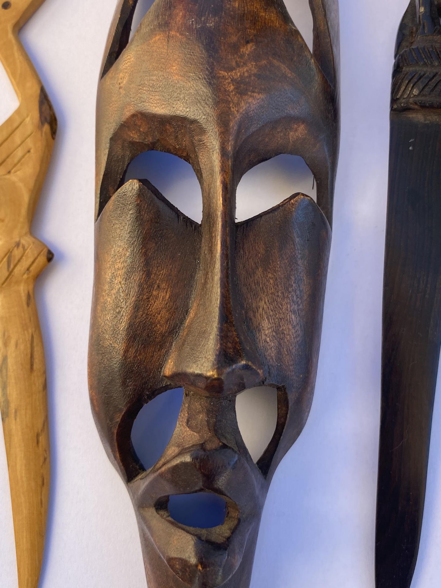 THREE AFRICAN TRIBAL ITEMS - WOODEN MASK, ELEPHANT CARVED WOODEN LETTER OPENER AND DUCK EXAMPLE, - Image 4 of 7