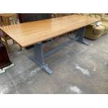 A MODERN OAK REFECTORY TABLE ON PAINTED BASE, 96 X 35"