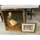 A FRAMED OIL ON BOARD OF A LADY TOGETHER WITH A FRAMED PRINT