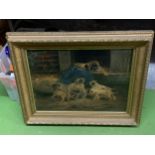 A FRAMED OIL ON CANVAS OF A MOTHER AND HER PUPPIES