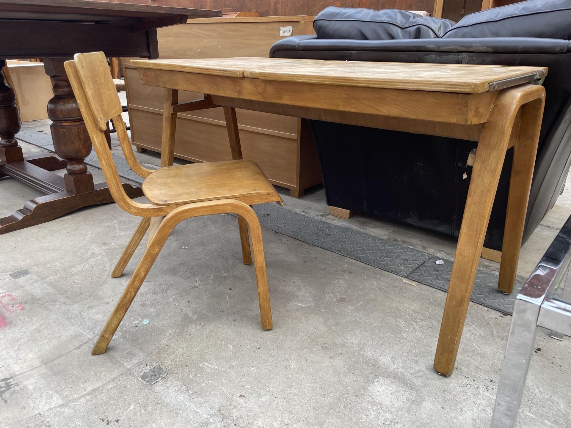 A MID 20TH CENTURY DOUBLE CHILDS DESK AND SINGLE BENTWOOD CHAIR - Image 2 of 4