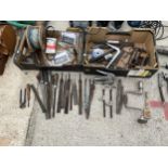 AN ASSORTMENT OF VINTAGE HAND TOOLS TO INCLUDE FILES, A BRACE DILL AND SPANNERS ETC