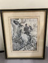 A FRAMED DRAWING OF A HUNTSMAN AND FOX