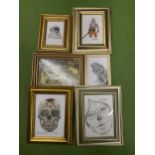 FIVE FRAMED PENCIL DRAWINGS TOGETHER WITH A PRINT HORSE SCENE