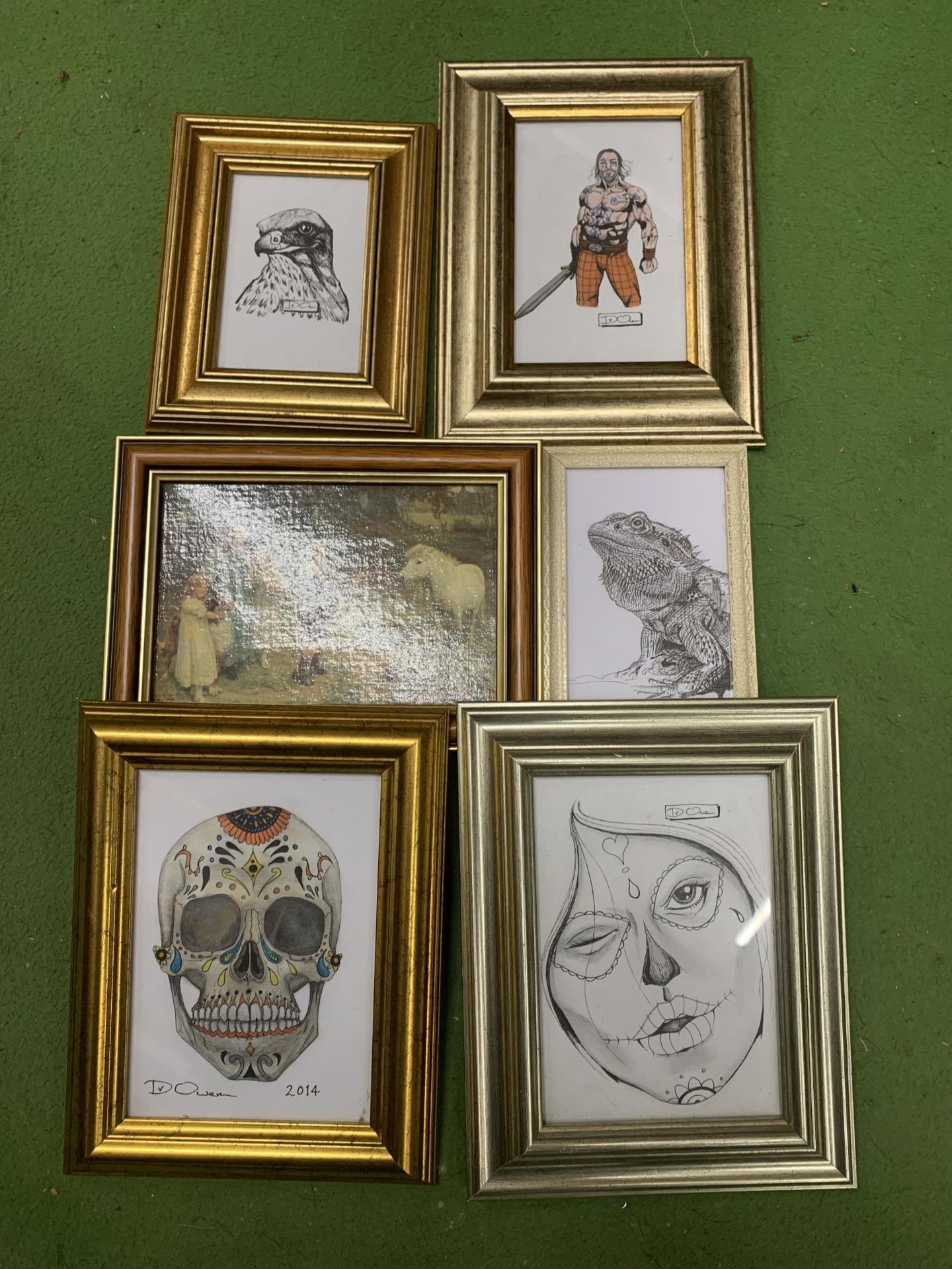 FIVE FRAMED PENCIL DRAWINGS TOGETHER WITH A PRINT HORSE SCENE