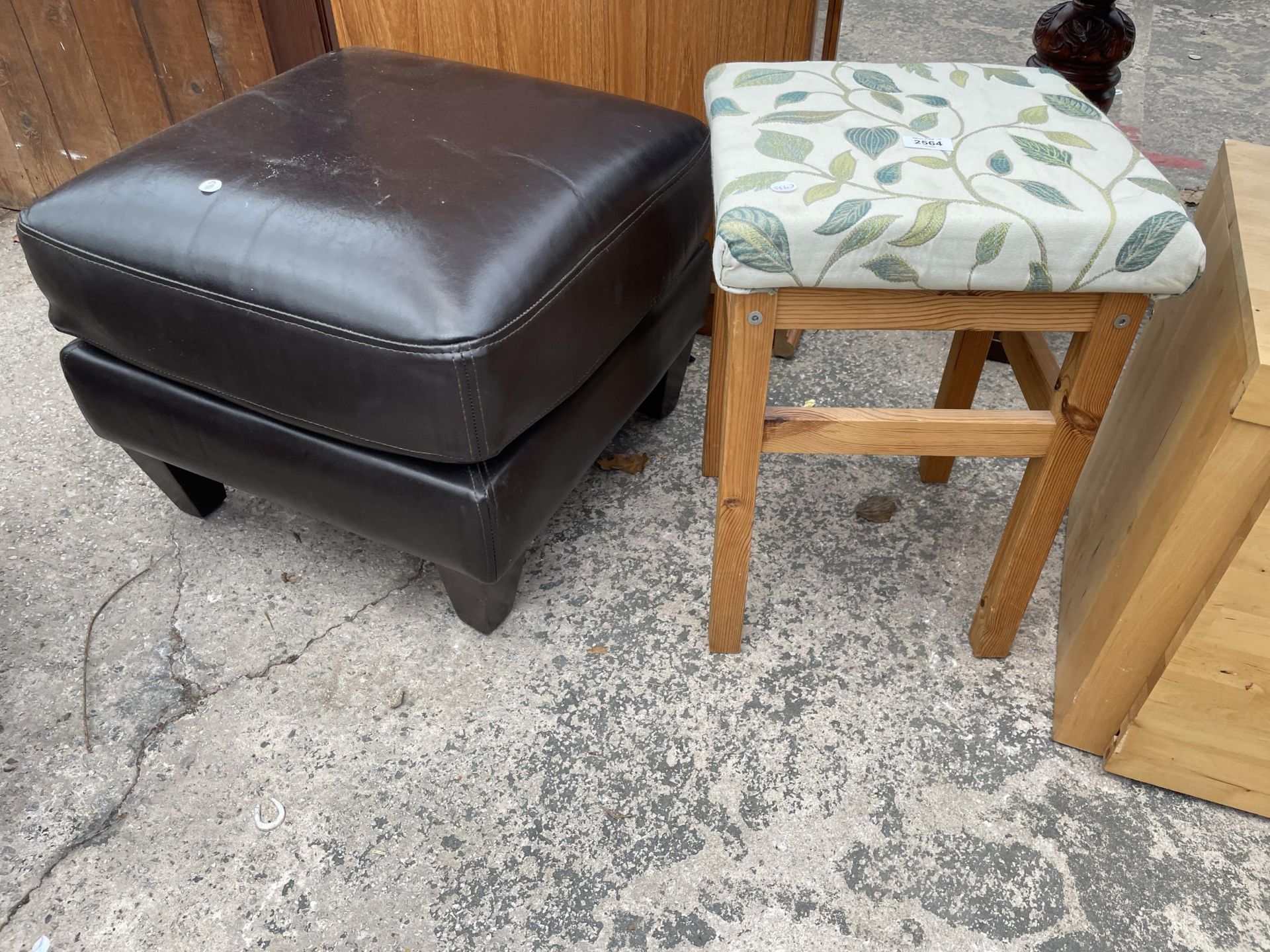 A FAUX LEATHER STOOL AND SMALL PINE STOOL