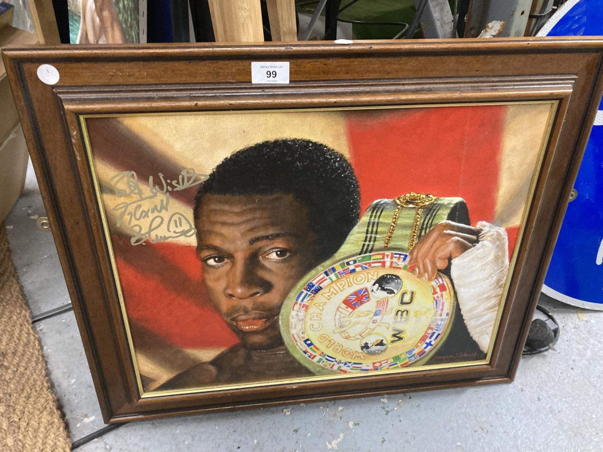 A FRAMED OIL PAINTING OF FRANK BRUNO WITH W.B.C BELT, SIGNED