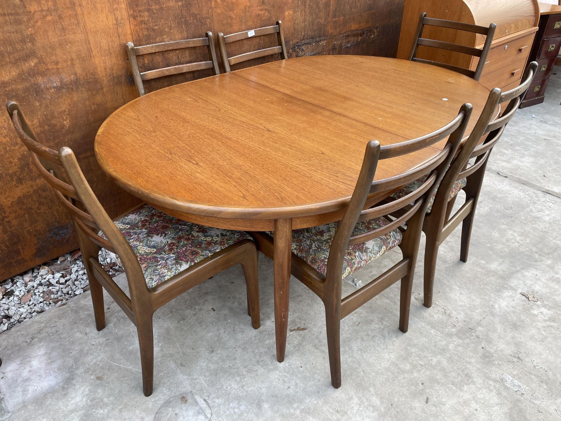 A G-PLAN RETRO TEAK EXTENDING DINING TABLE, 64 X 44" (LEAF 18") AND SIX LADDERBACK DINING CHAIRS - Image 2 of 7