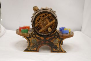 A SMALL VINTAGE BARREL WITH SIX GLASSES - 1 A/F