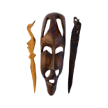 THREE AFRICAN TRIBAL ITEMS - WOODEN MASK, ELEPHANT CARVED WOODEN LETTER OPENER AND DUCK EXAMPLE,