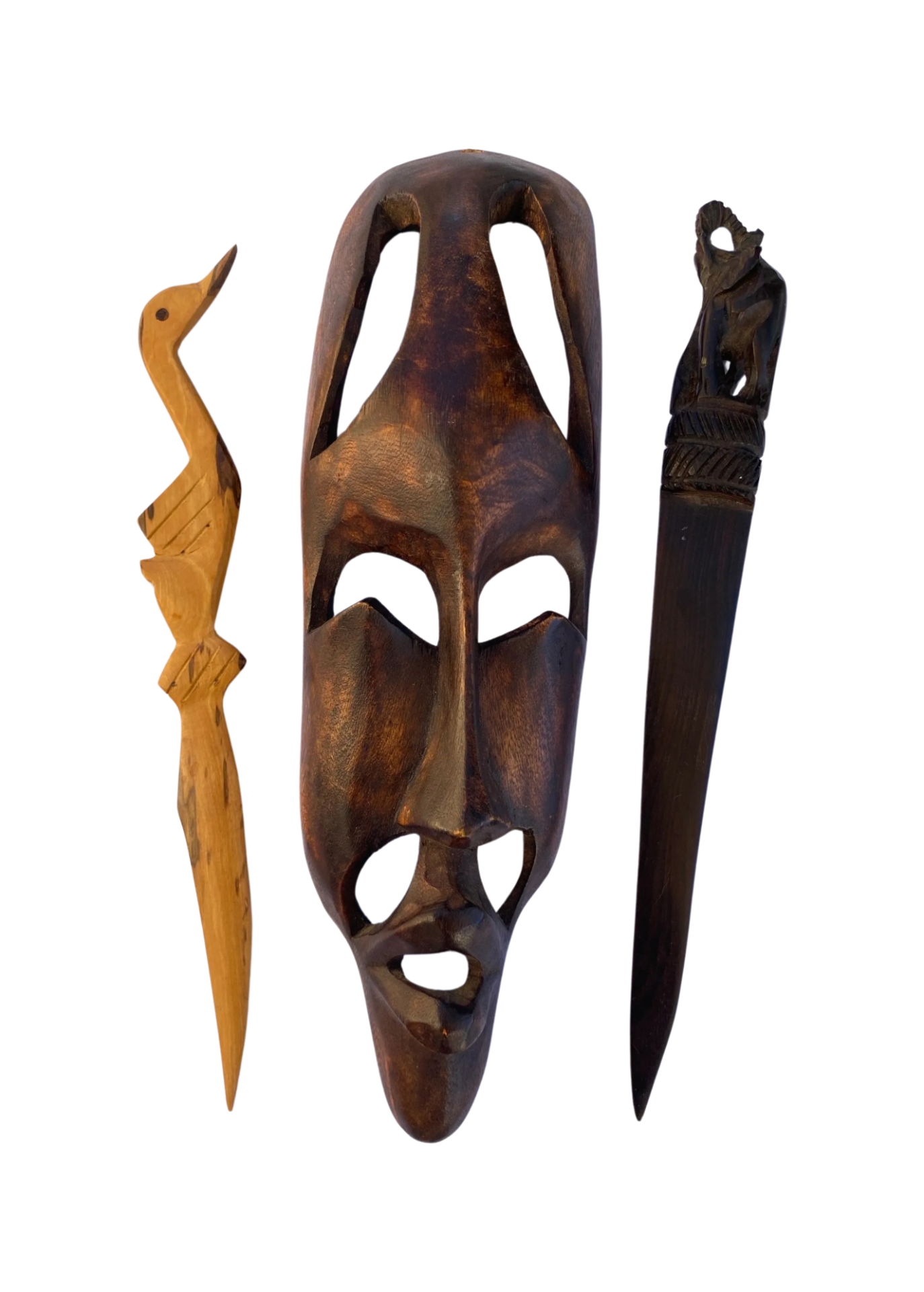 THREE AFRICAN TRIBAL ITEMS - WOODEN MASK, ELEPHANT CARVED WOODEN LETTER OPENER AND DUCK EXAMPLE,