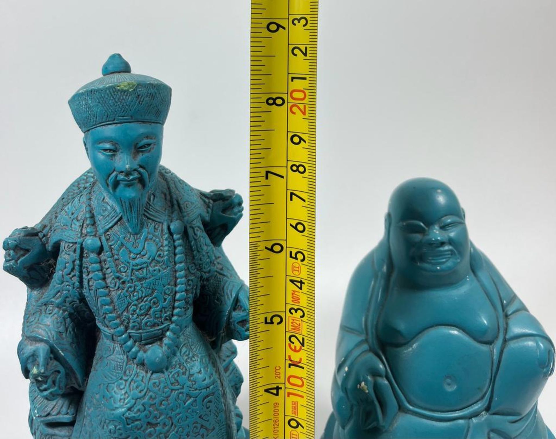 TWO VINTAGE CHINESE CHALKWARE TURQUOISE FIGURES ON STANDS TO INCLUDE AN IMMORTAL AND A BUDDHA, - Image 4 of 4