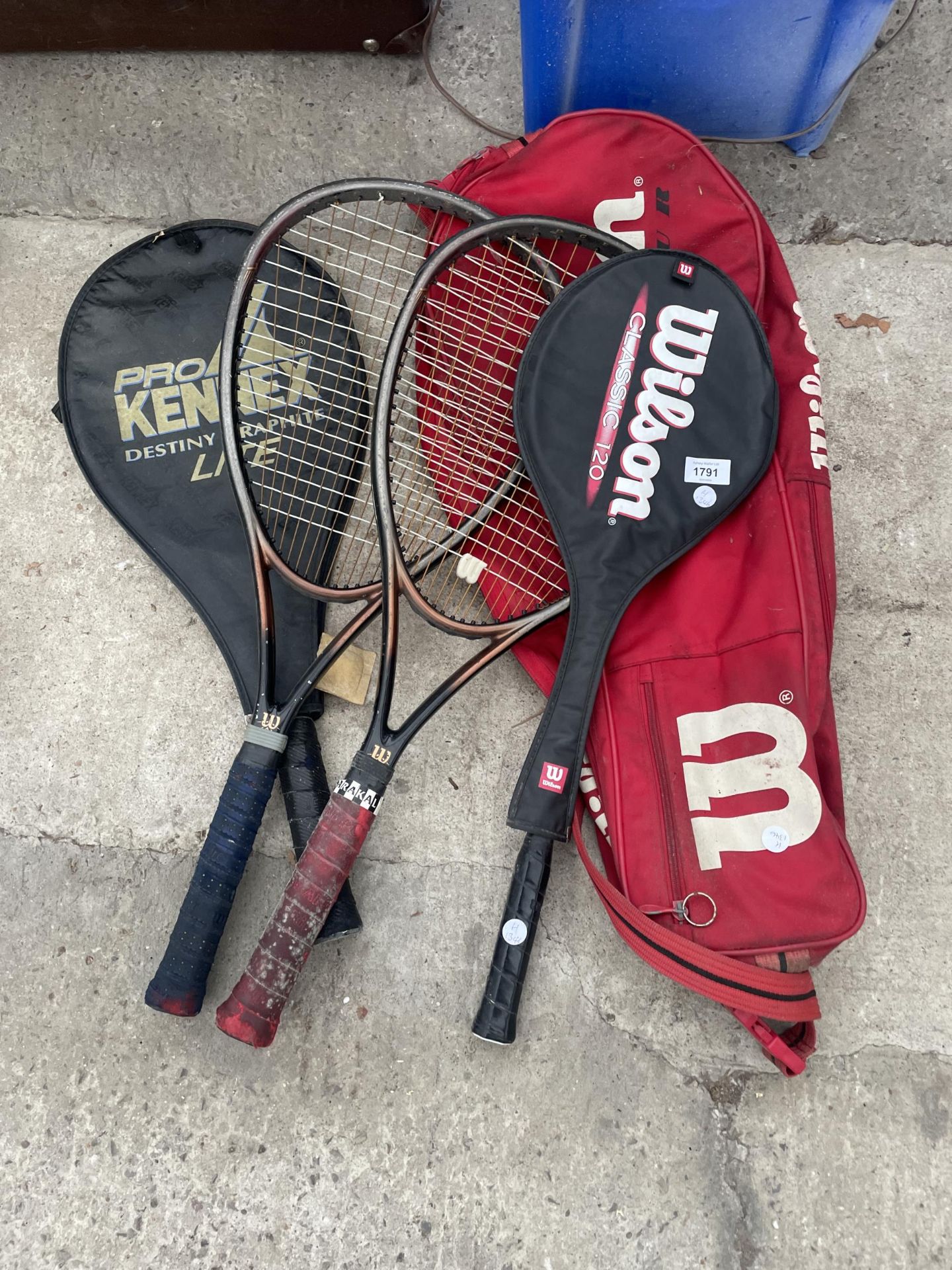 VARIOUS TENNIS AND SQUASH RACKETS TO INCLUDE WILSON, ETC