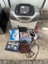 AN ASSORTMENT OF ITEMS TO INCLUDE BINOCULARS, CAMERAS, A PHILIPS RADIO AND A DIGITAL DIARY ETC