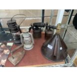 AN ASSORTMENT OF VINTAGE ITEMS TO INCLUDE BLOW TORCHES, LANTERNS A FLAT IRON ETC