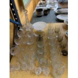 A QUANTITY OF CUT GLASS TO INCLUDE WINE GLASSES AND TANKARDS