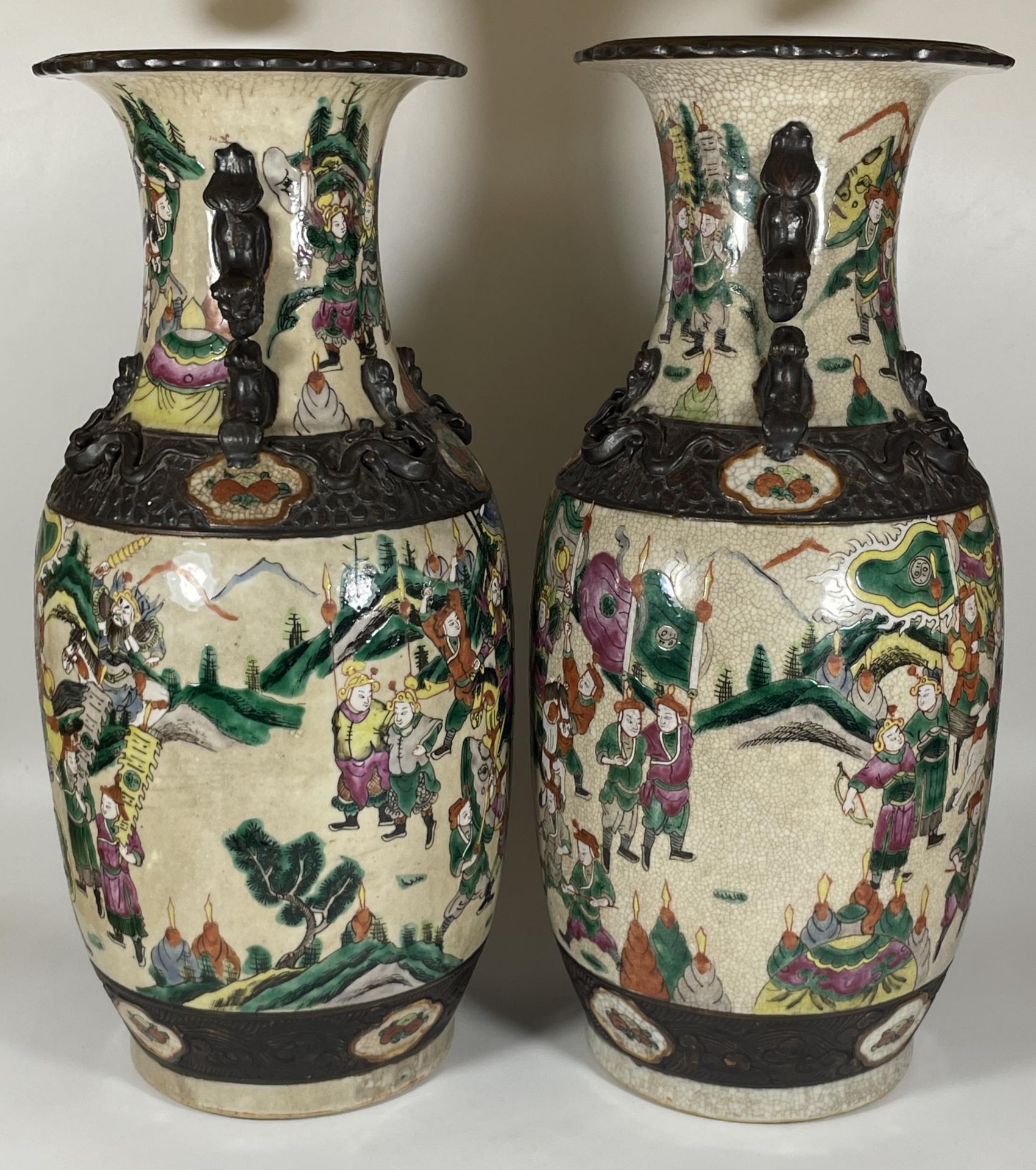 A HUGE PAIR OF CHINESE LATE 19TH / EARLY 20TH CENTURY CRACKLE GLAZE PORCELAIN VASES DEPICTING - Image 6 of 8