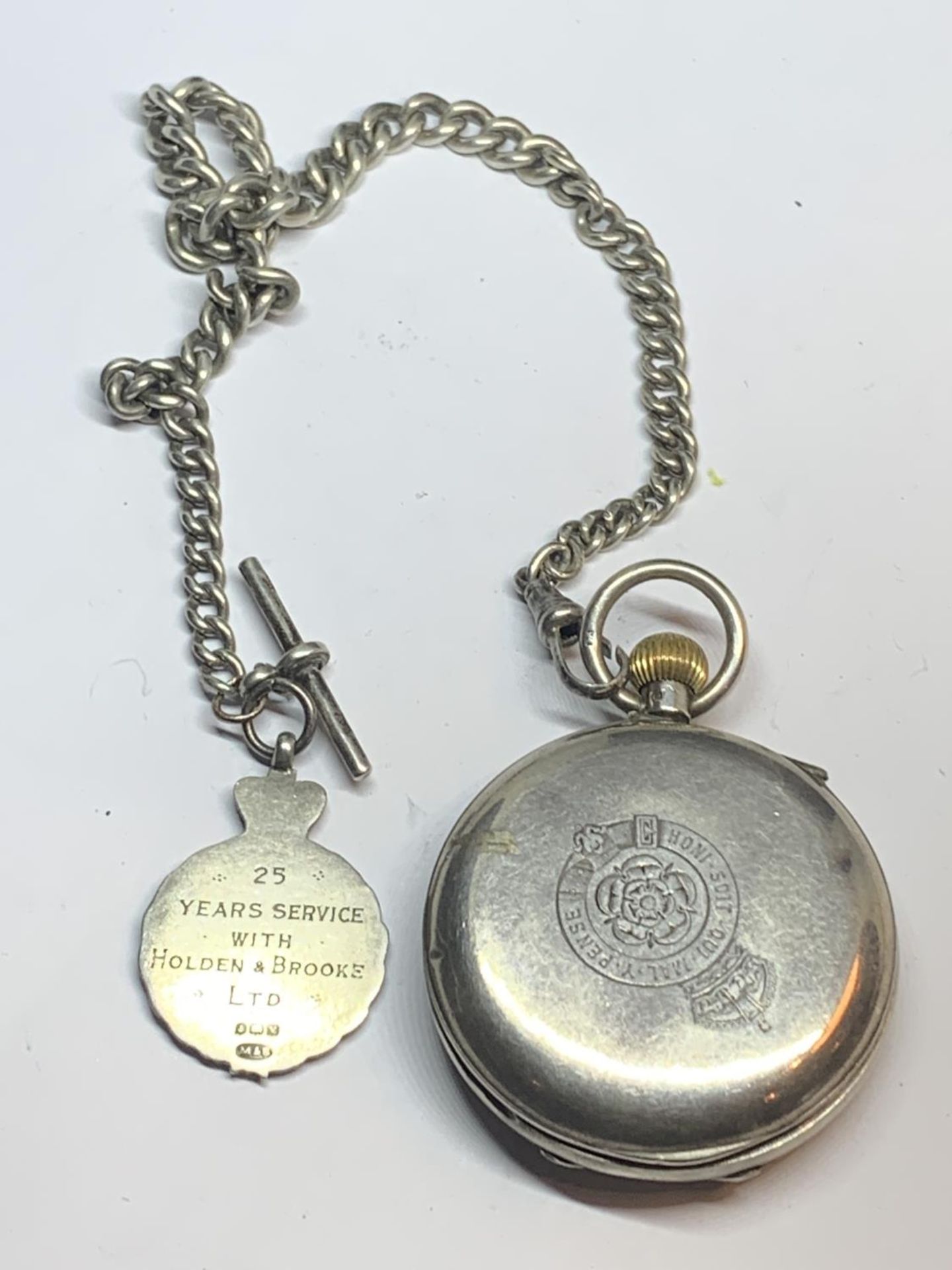 TWO ITEMS TO INCLUDE A HALLMARKED LONDON SILVER MILITARY POCKET WATCH WITH ENGRAVING, ON AN ALBERT - Image 9 of 9