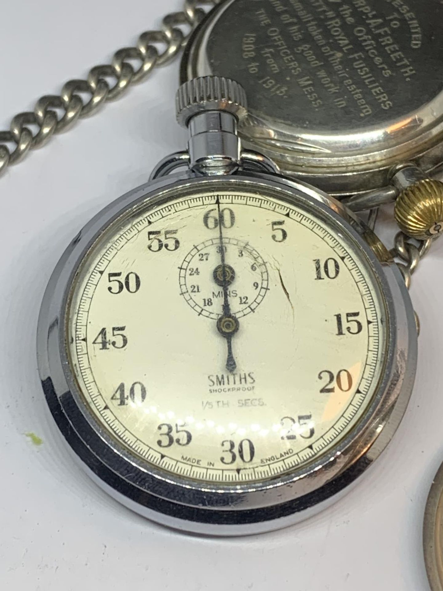 TWO ITEMS TO INCLUDE A HALLMARKED LONDON SILVER MILITARY POCKET WATCH WITH ENGRAVING, ON AN ALBERT - Image 6 of 9